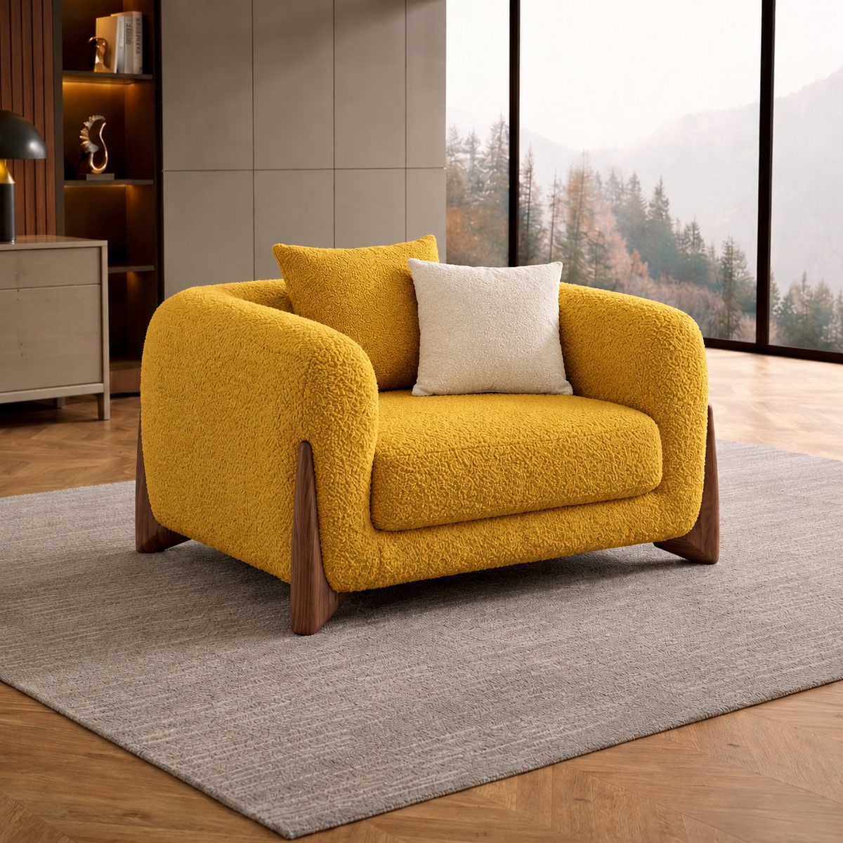 Antique Wood Hub Mustard Boucle 1 Seater Sofa