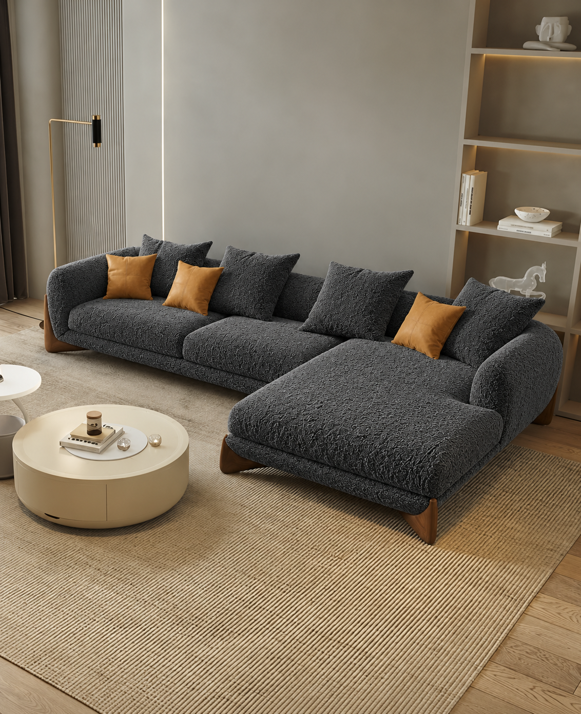 Antique Wood Hub Dark Grey Boucle 4 Seater Sectional Sofa (LHS)