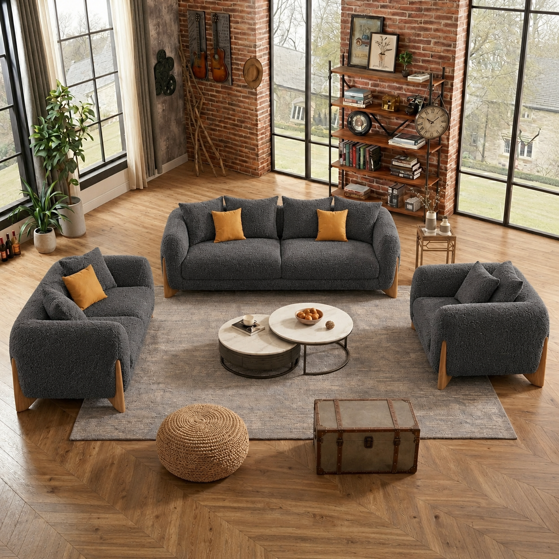 Antique Wood Hub Dark Grey Boucle 3+2+1 = 6 Seater Sofa