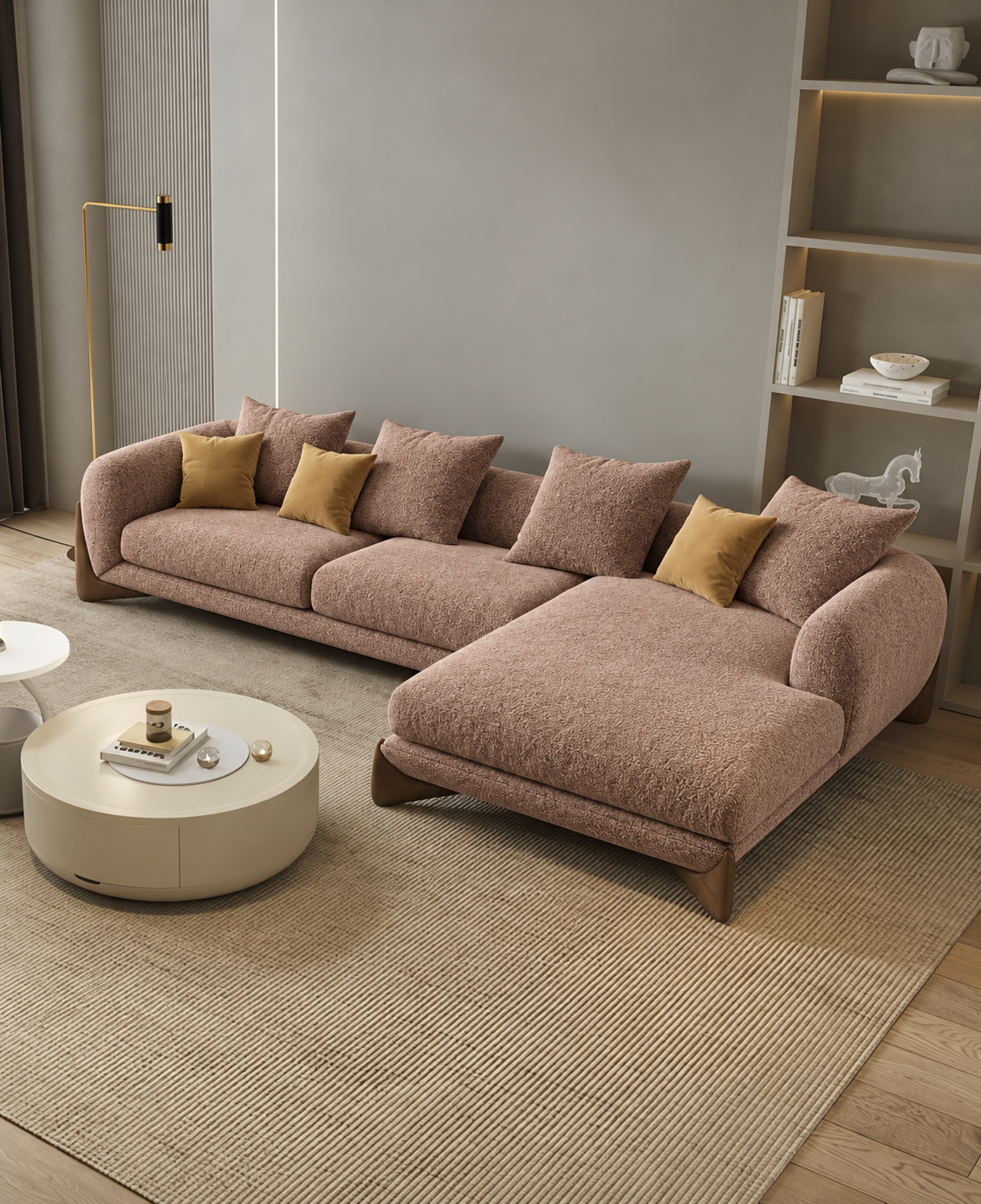 Antique Wood Hub Light Brown Boucle 4 Seater Sectional Sofa (LHS)