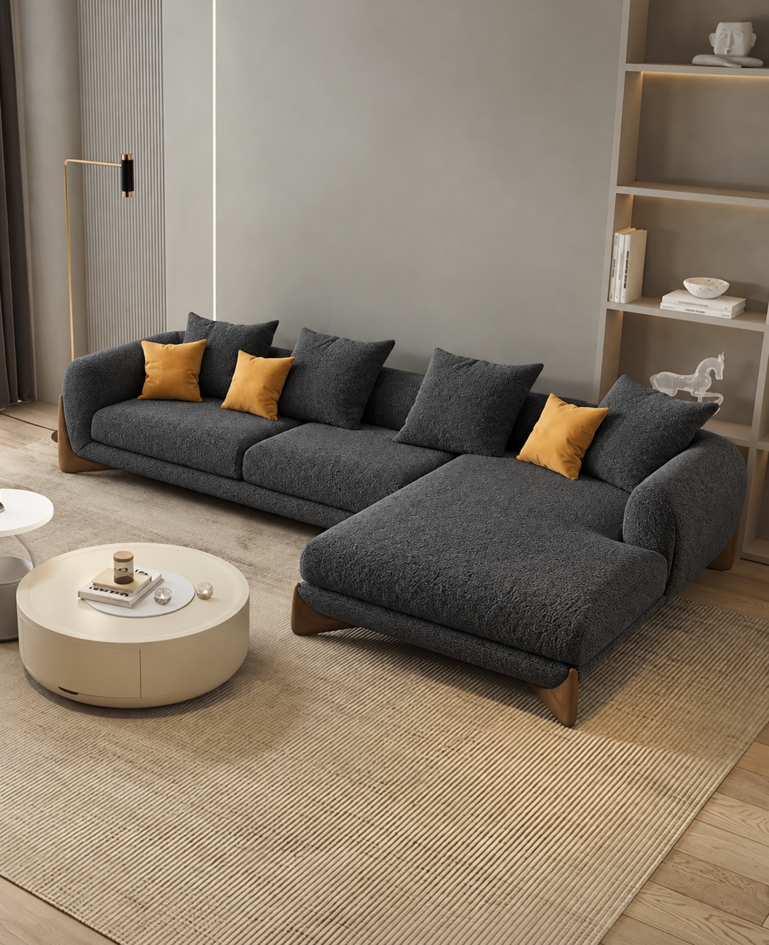 Antique Wood Hub Charcoal Grey Boucle 4 Seater Sectional Sofa (LHS)