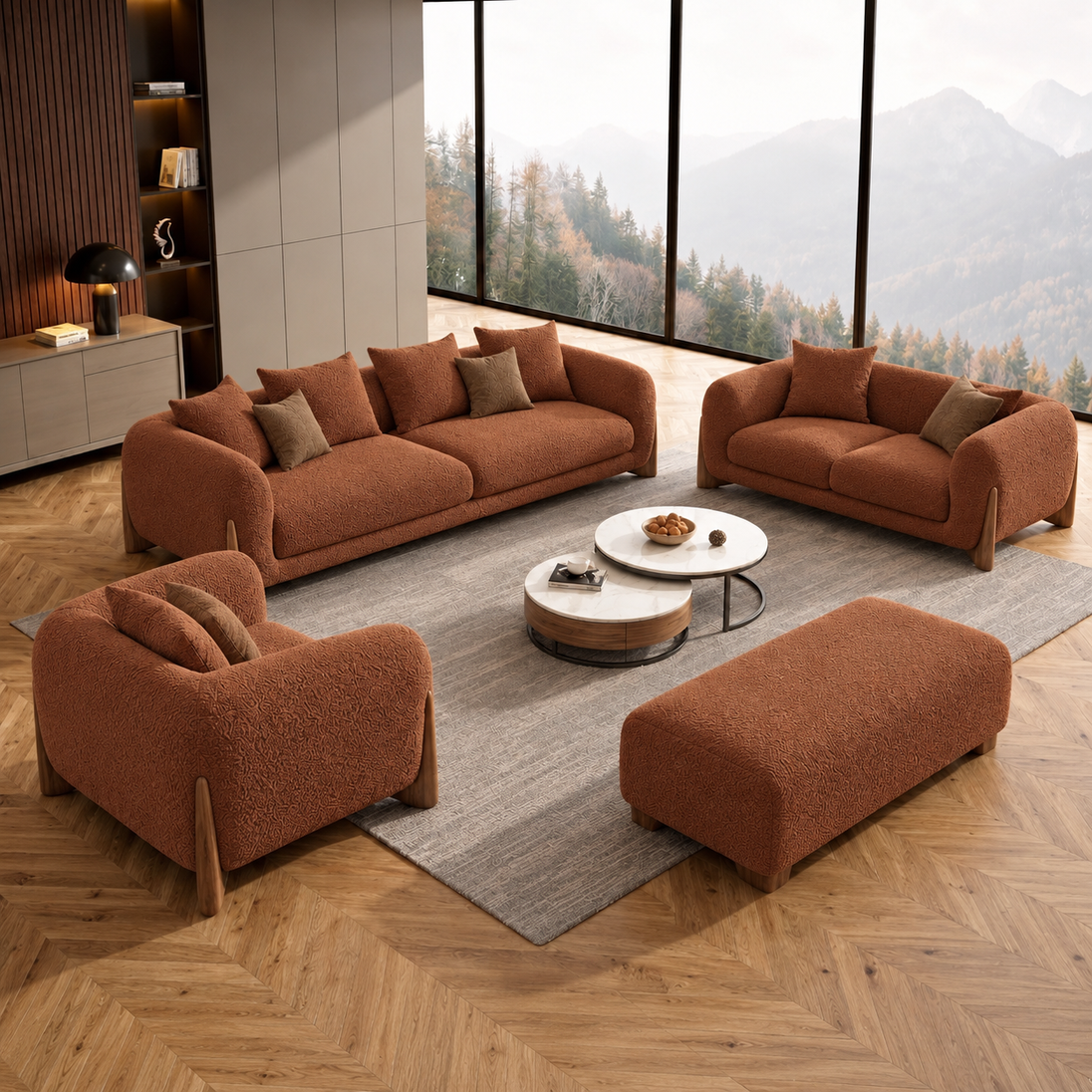 Antique Wood Hub Rust Brown Boucle 3+2+1 = 6 Seater Sofa + Ottoman