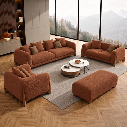 Antique Wood Hub Rust Brown Boucle 3+2+1 = 6 Seater Sofa + Ottoman