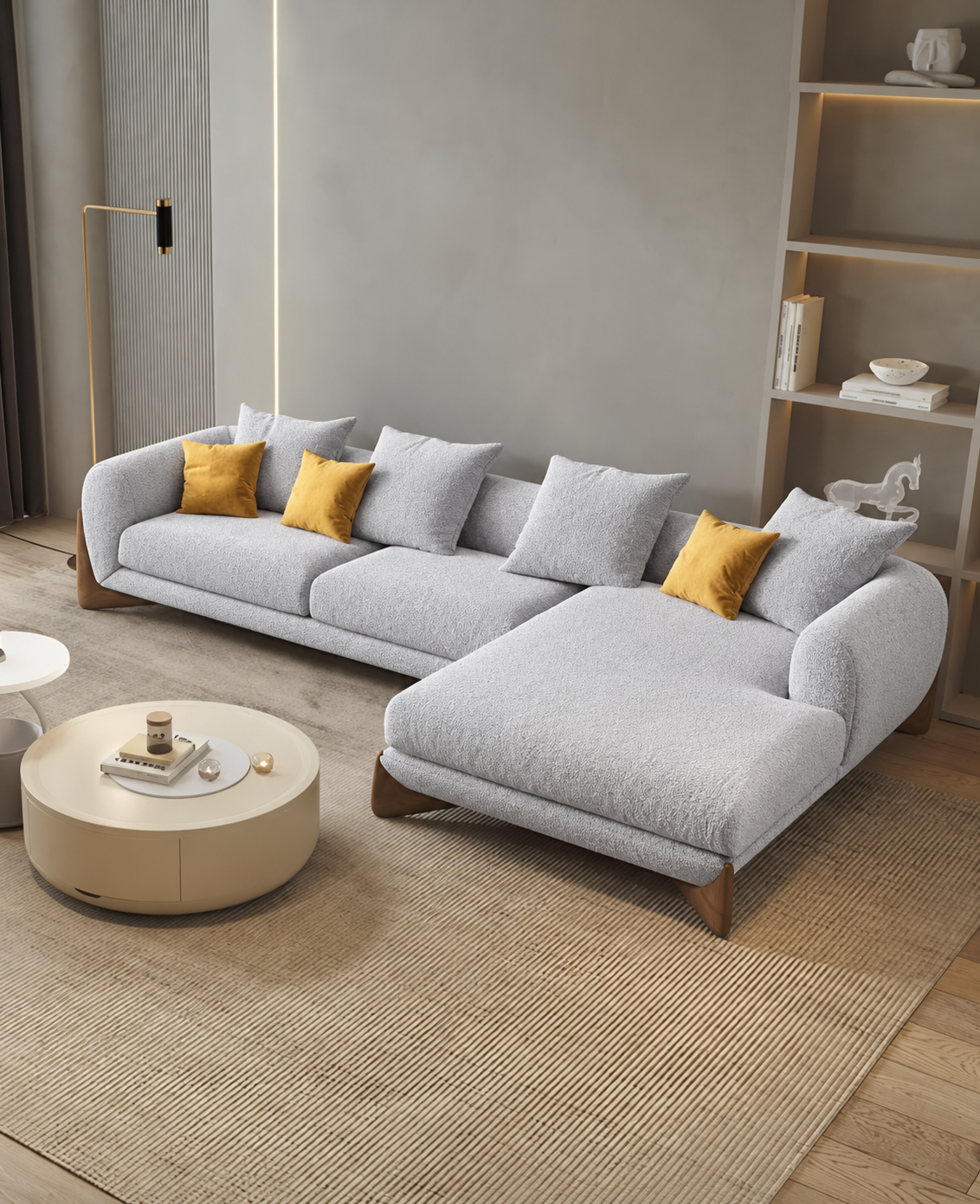 Antique Wood Hub Steel Grey Boucle 4 Seater Sectional Sofa (LHS)