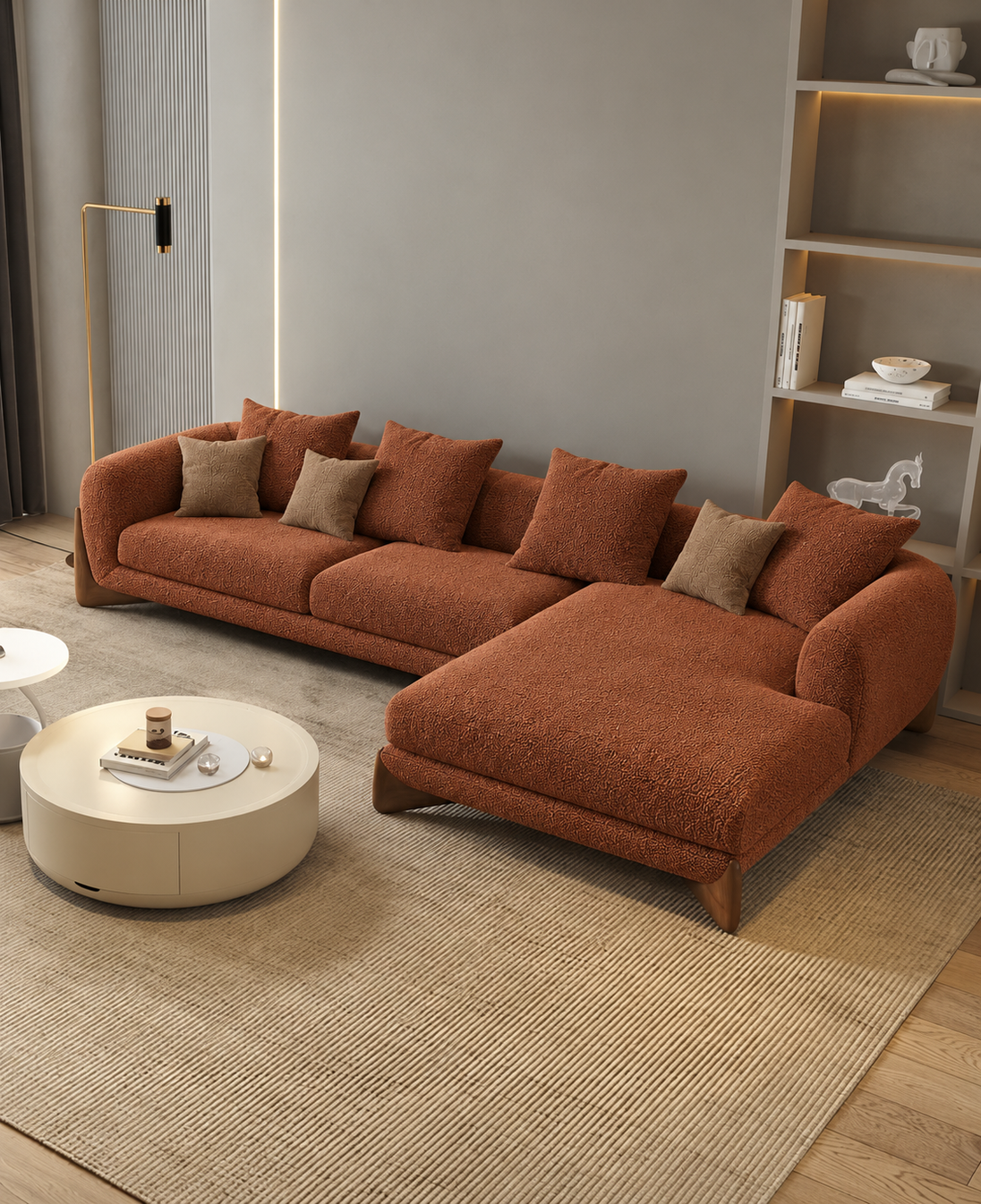 Antique Wood Hub Rust Brown Boucle 4 Seater Sectional Sofa (LHS)