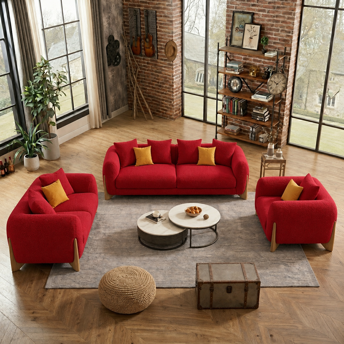 Antique Wood Hub Maroon Boucle 3+2+1 = 6 Seater Sofa