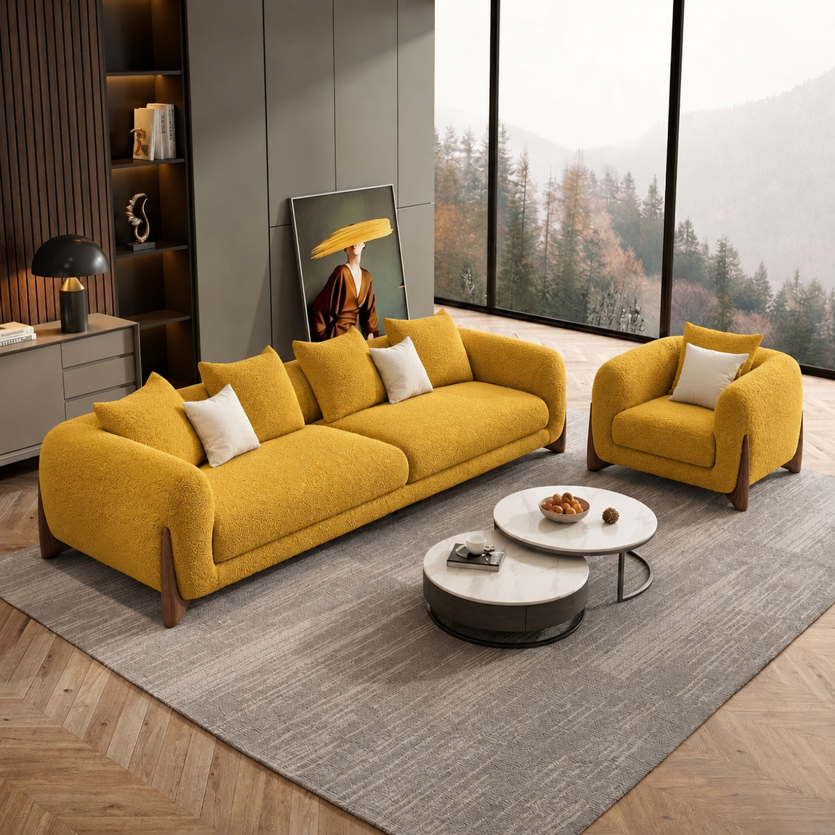 Antique Wood Hub Mustard Boucle 3+1 = 4 Seater Sofa