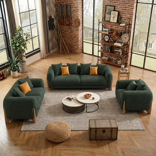 Antique Wood Hub Dark Green Boucle 3+2+1 = 6 Seater Sofa