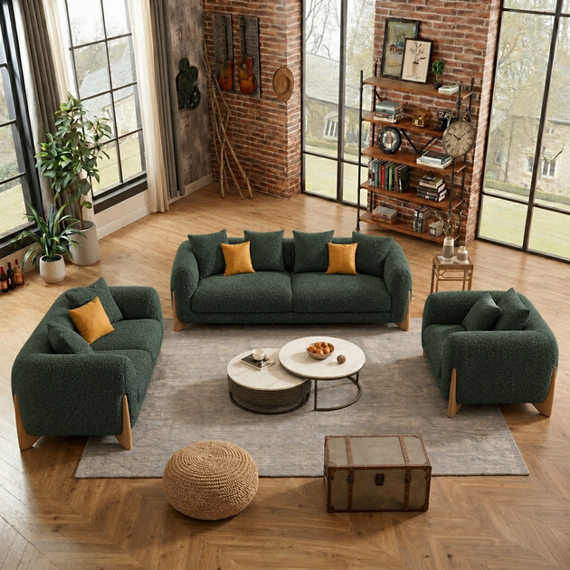 Antique Wood Hub Dark Green Boucle 3+2+1 = 6 Seater Sofa