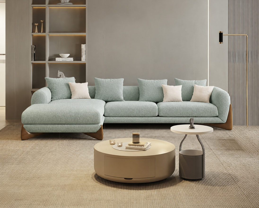 Antique Wood Hub Sea Green Boucle 4 Seater Sectional Sofa (RHS)