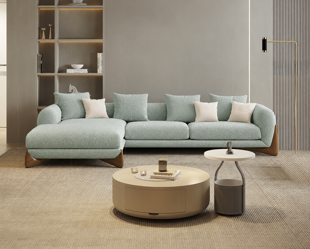 Antique Wood Hub Sea Green Boucle 4 Seater Sectional Sofa (RHS)