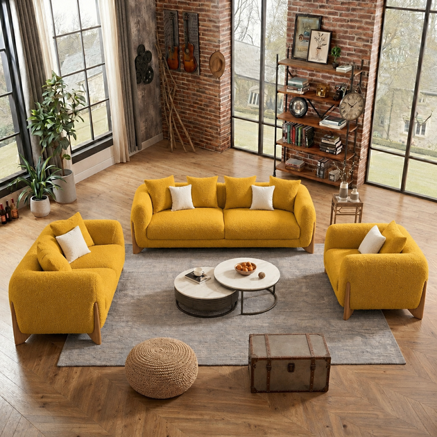 Antique Wood Hub Mustard Boucle 3+2+1 = 6 Seater Sofa