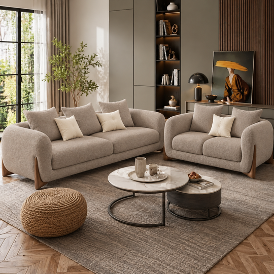 Antique Wood Hub Taupe Boucle 3+2 = 5 Seater Sofa
