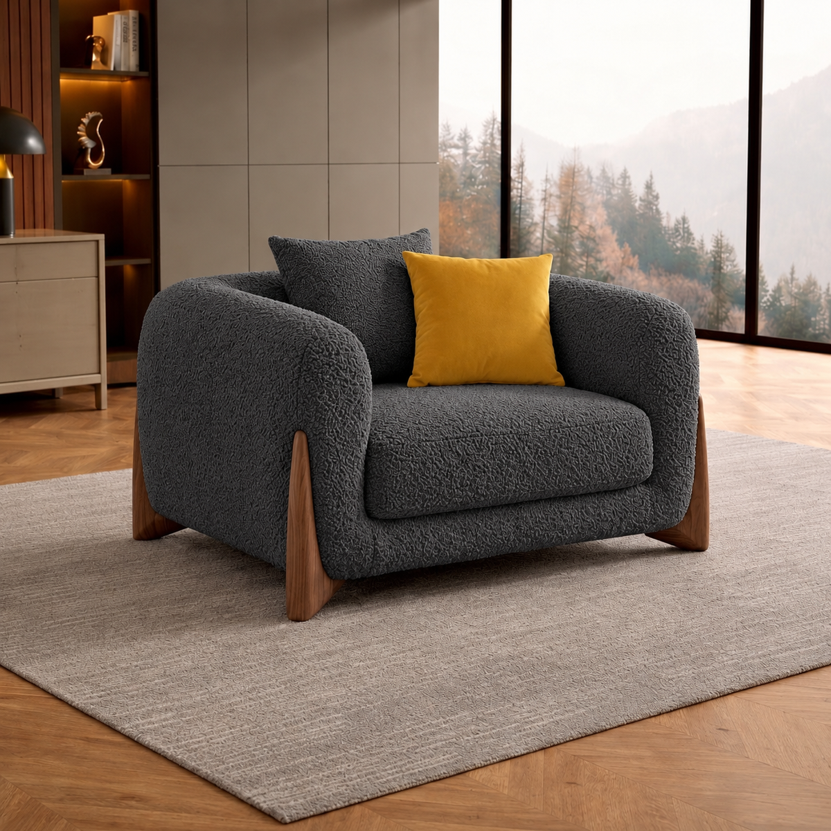 Antique Wood Hub Charcoal Grey Boucle 1 Seater Sofa