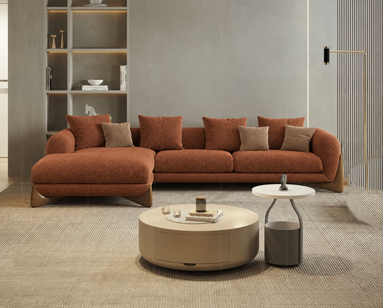 Antique Wood Hub Rust Brown Boucle 4 Seater Sectional Sofa (RHS)