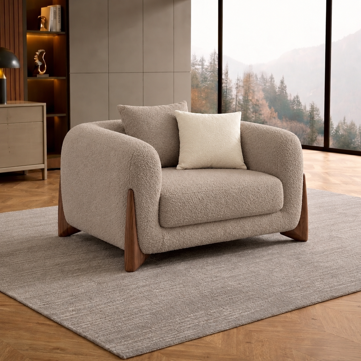 Antique Wood Hub Taupe Boucle 1 Seater Sofa