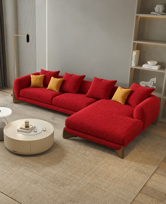 Antique Wood Hub Maroon Boucle 4 Seater Sectional Sofa (LHS)