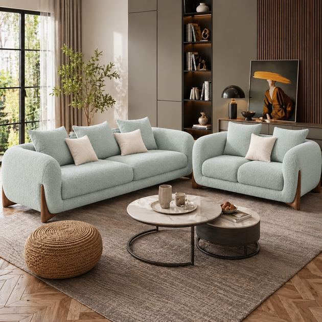 Antique Wood Hub Sea Green Boucle 3+2 = 5 Seater Sofa