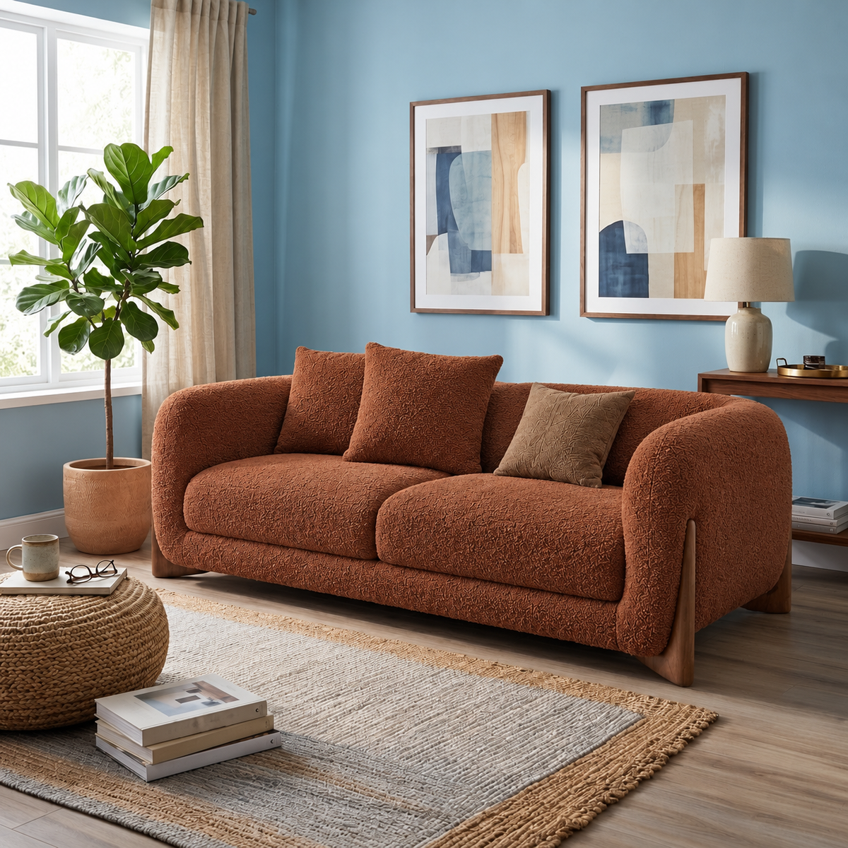 Antique Wood Hub Rust Brown Boucle 2 Seater Sofa