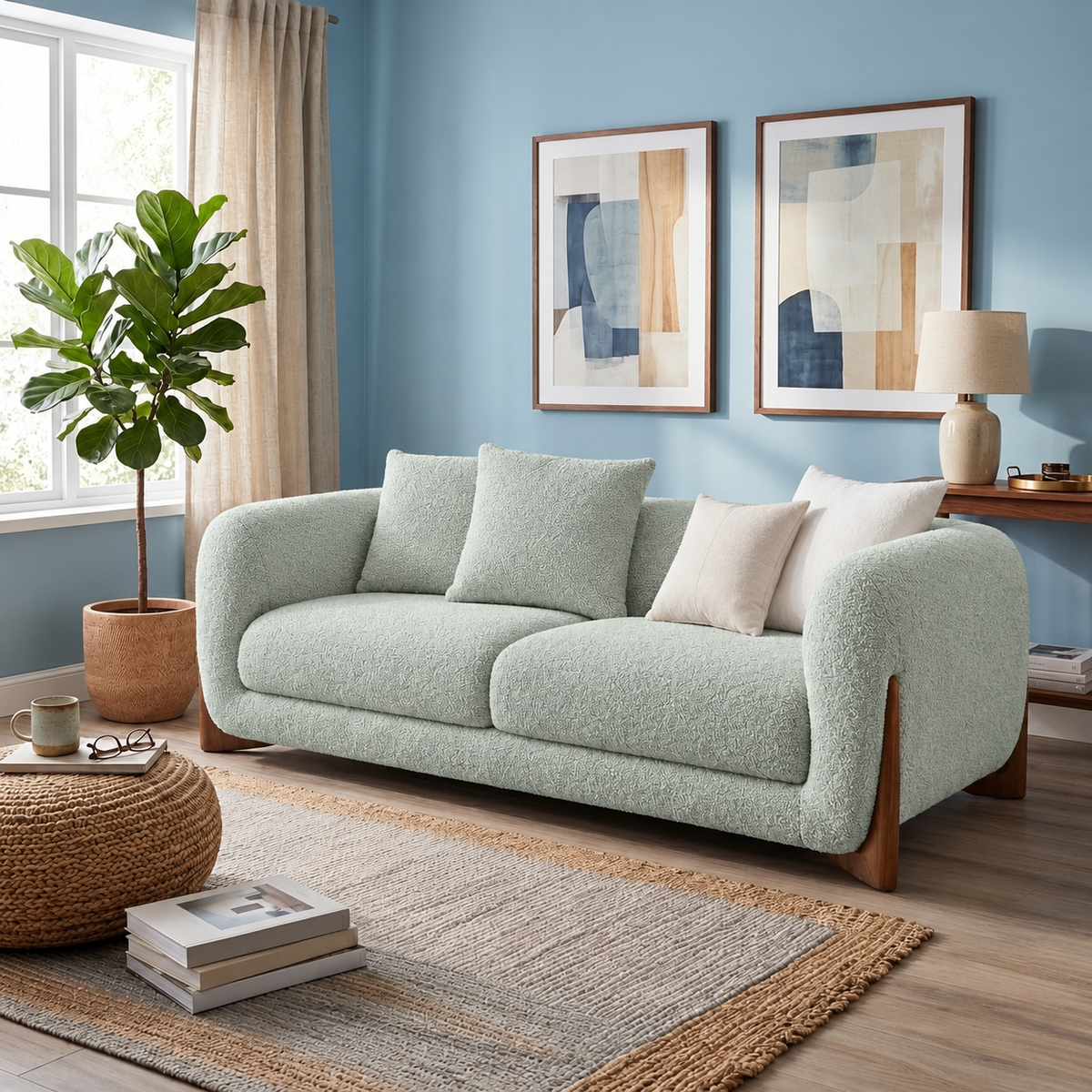 Antique Wood Hub Sea Green Boucle 2 Seater Sofa