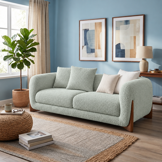 Antique Wood Hub Sea Green Boucle 2 Seater Sofa