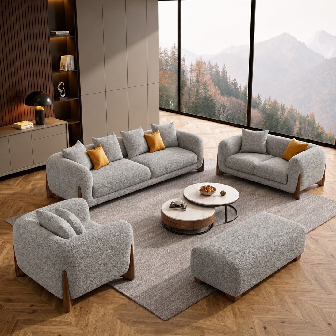 Antique Wood Hub Light Grey Boucle 3+2+1 = 6 Seater Sofa + Ottoman