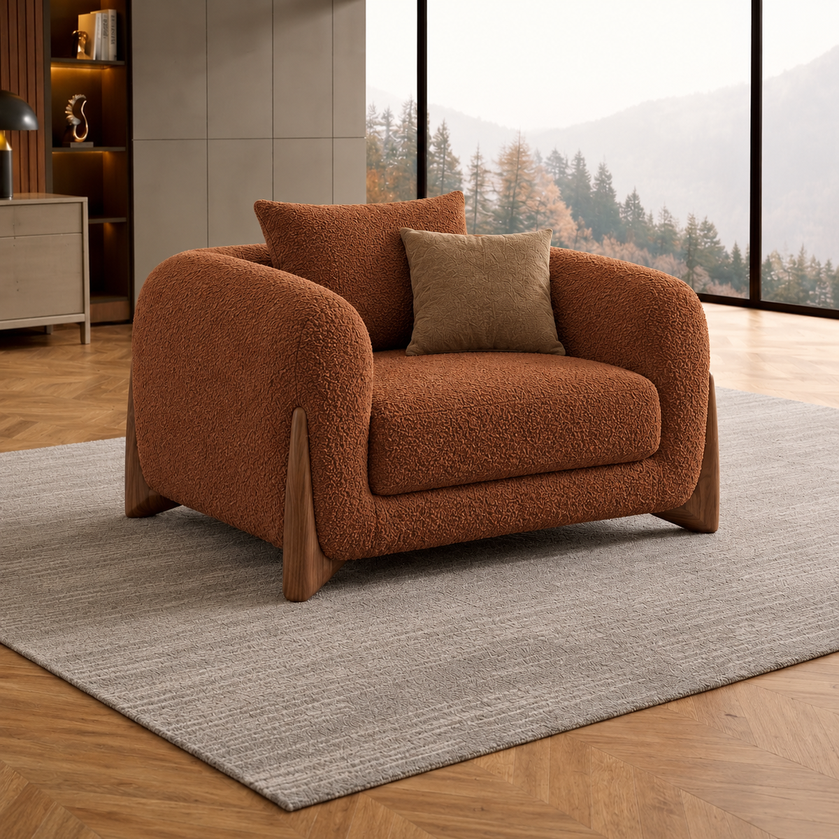 Antique Wood Hub Rust Brown Boucle 1 Seater Sofa