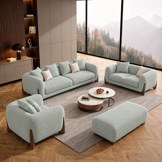 Antique Wood Hub Sea Green Boucle 3+2+1 = 6 Seater Sofa + Ottoman