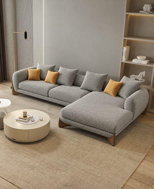 Antique Wood Hub Light Grey Boucle 4 Seater Sectional Sofa (LHS)