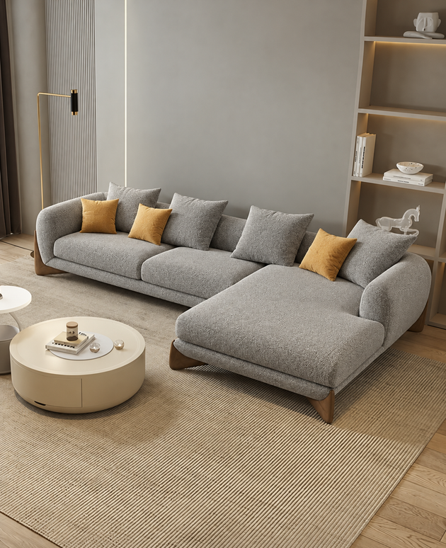 Antique Wood Hub Light Grey Boucle 4 Seater Sectional Sofa (LHS)