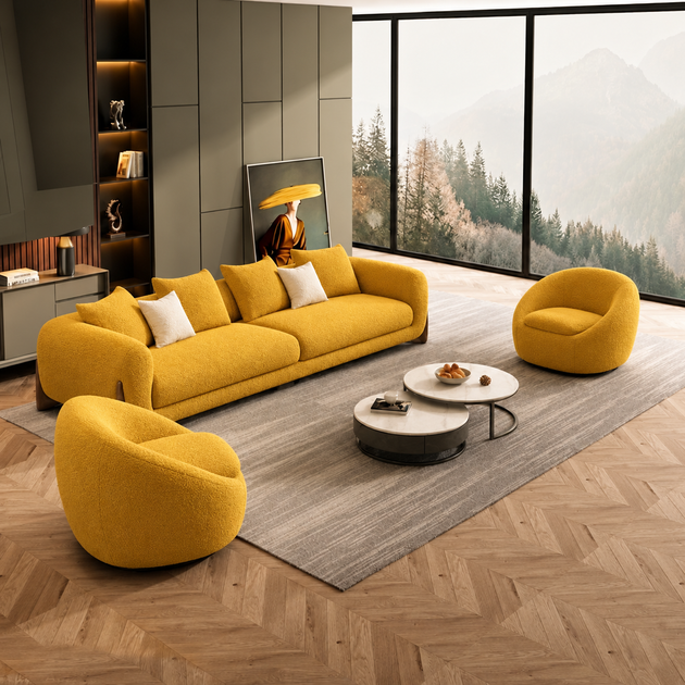 Antique Wood Hub Mustard Boucle 3+1+1 = 5 Seater Sofa with Accent Chairs
