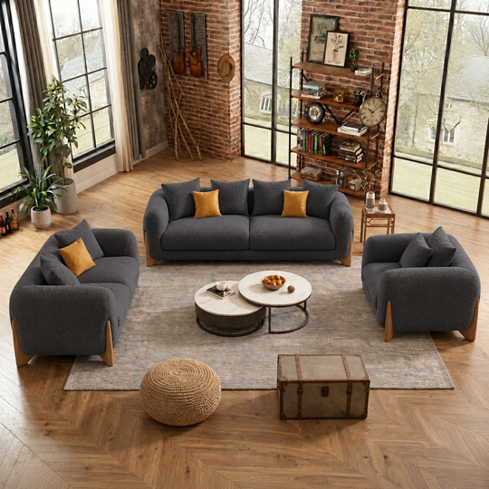 Antique Wood Hub Charcoal Grey Boucle 3+2+1 = 6 Seater Sofa