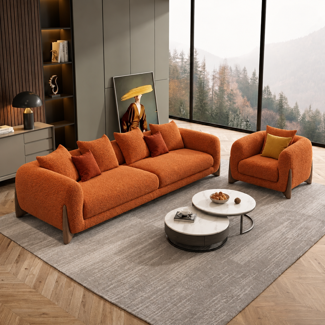 Antique Wood Hub Rust Orange Boucle 3+1 = 4 Seater Sofa