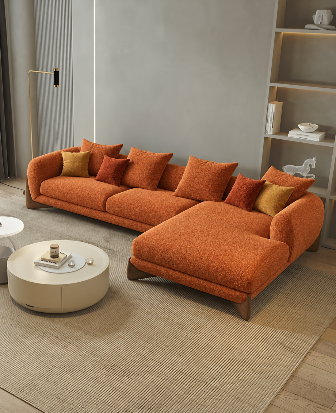 Antique Wood Hub Rust Orange Boucle 4 Seater Sectional Sofa (LHS)
