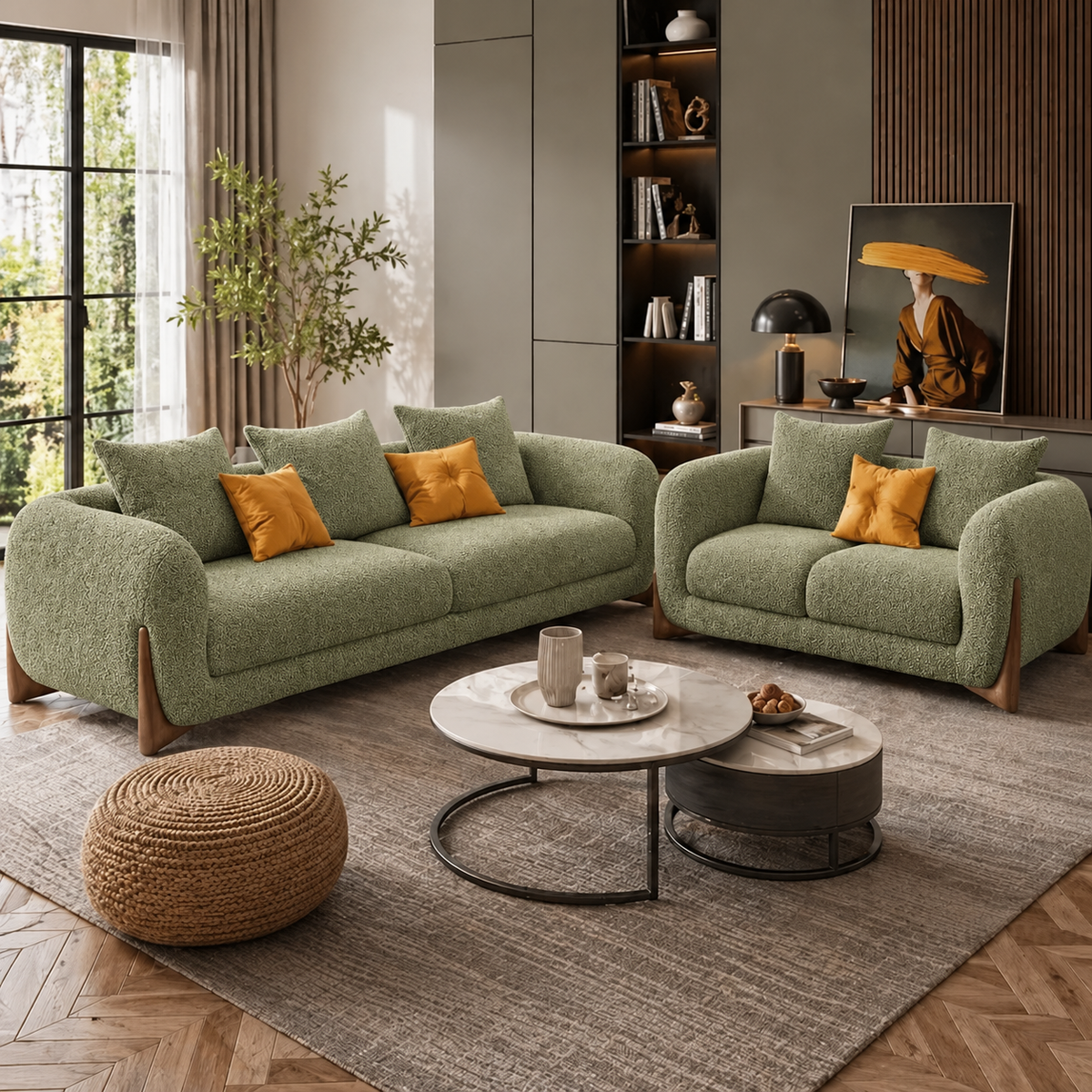 Antique Wood Hub Olive Green Boucle 3+2 = 5 Seater Sofa