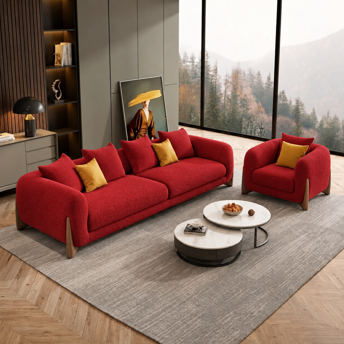 Antique Wood Hub Maroon Boucle 3+1 = 4 Seater Sofa