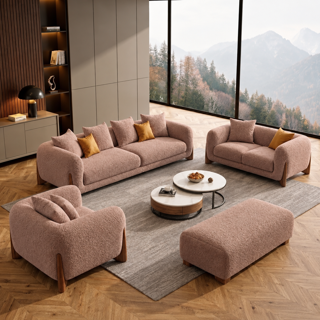 Antique Wood Hub Light Brown Boucle 3+2+1 = 6 Seater Sofa + Ottoman