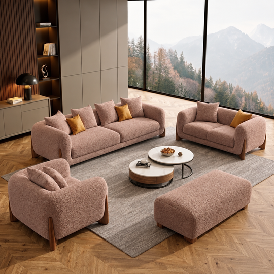 Antique Wood Hub Light Brown Boucle 3+2+1 = 6 Seater Sofa + Ottoman