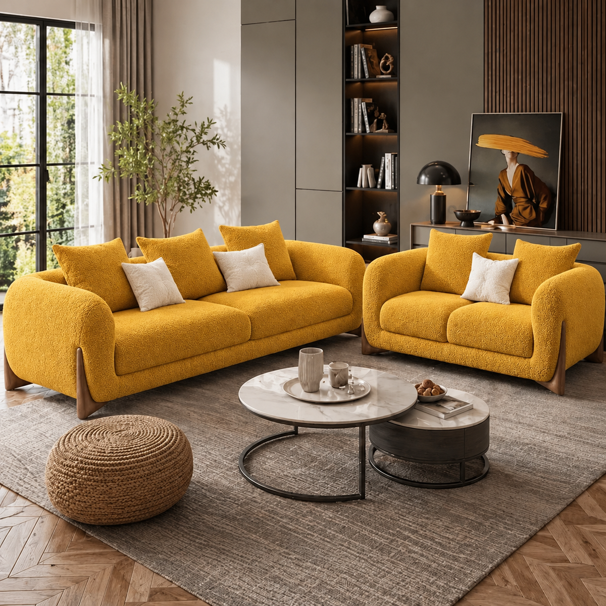 Antique Wood Hub Mustard Boucle 3+2 = 5 Seater Sofa