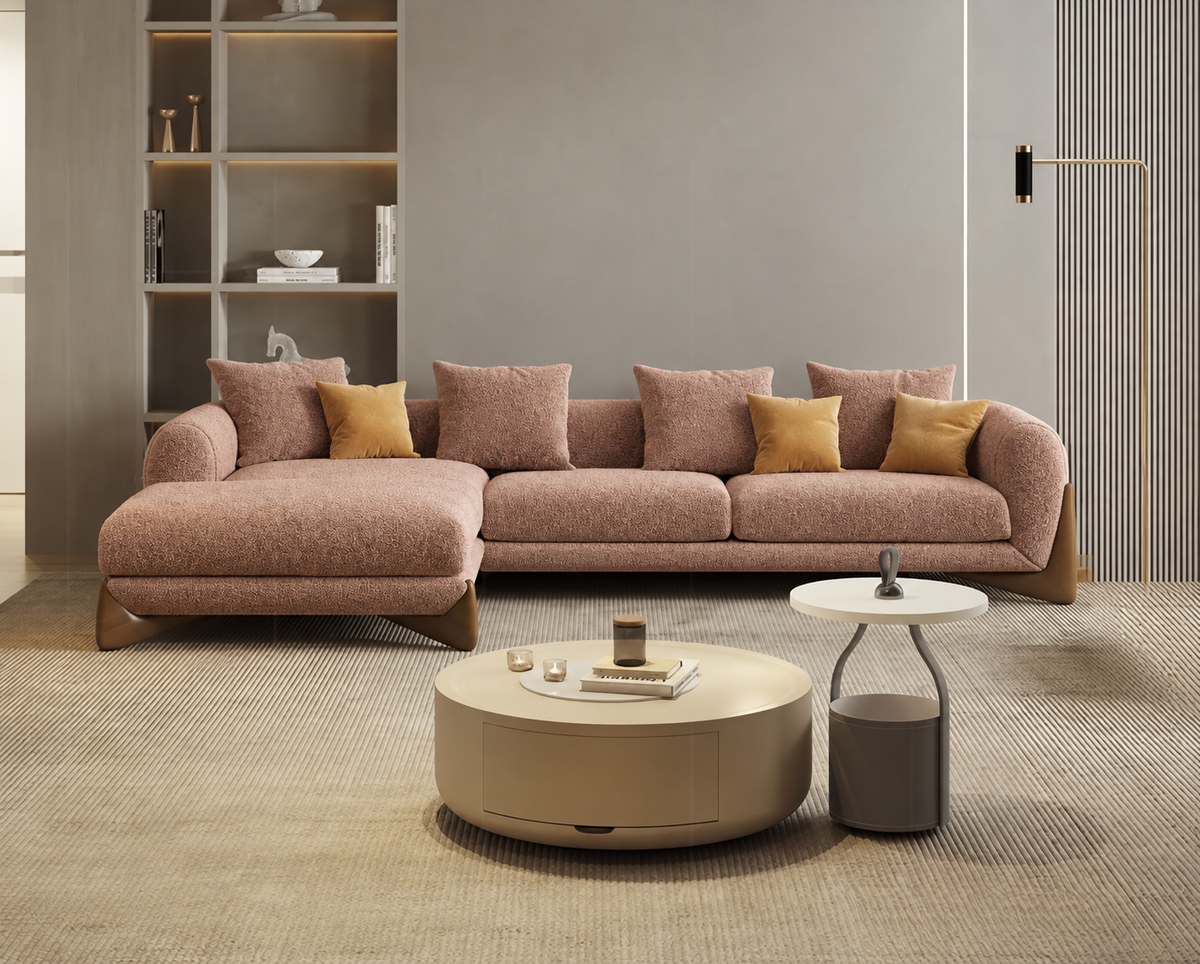 Antique Wood Hub Light Brown Boucle 4 Seater Sectional Sofa (RHS)
