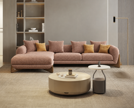 Antique Wood Hub Light Brown Boucle 4 Seater Sectional Sofa (RHS)