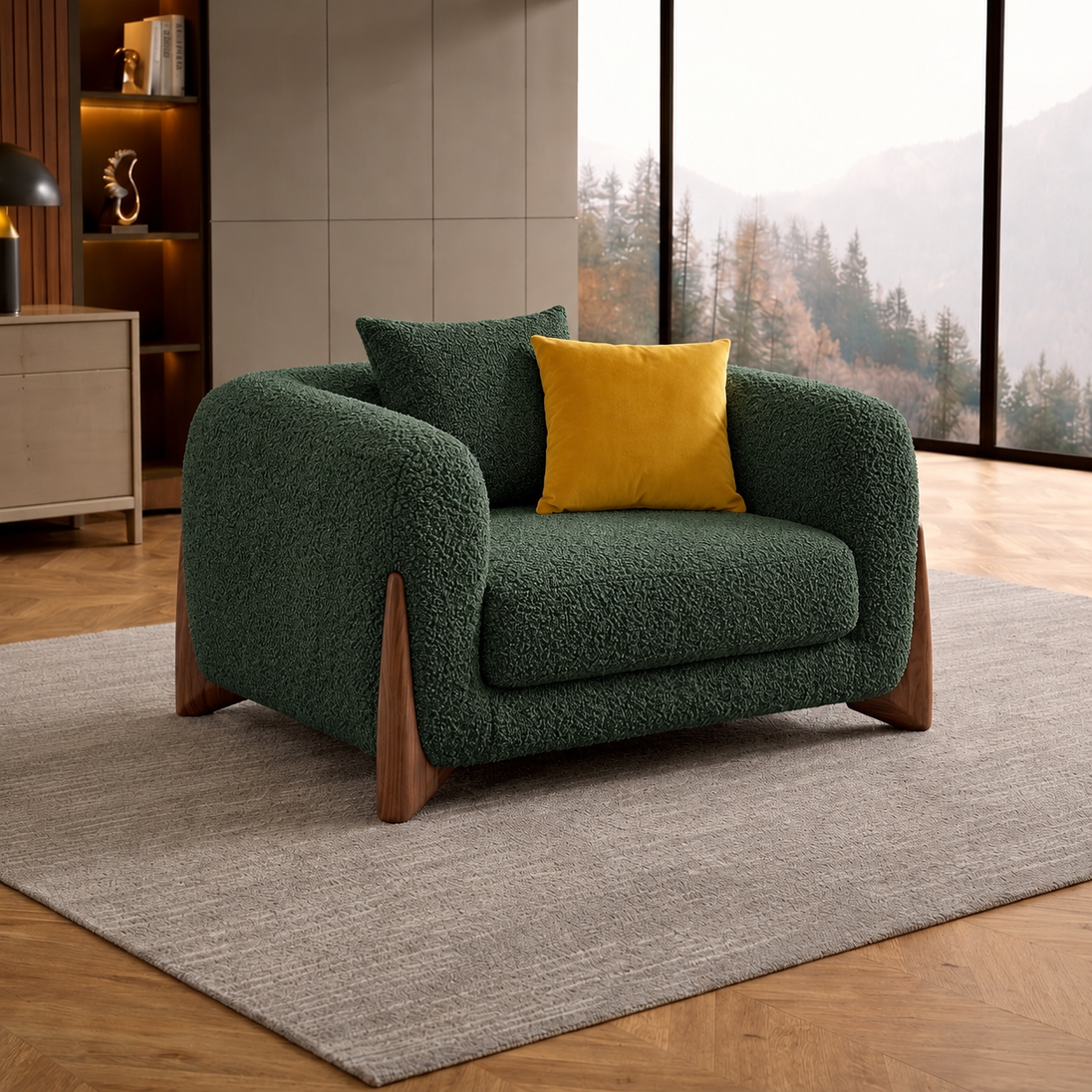 Antique Wood Hub Dark Green Boucle 1 Seater Sofa