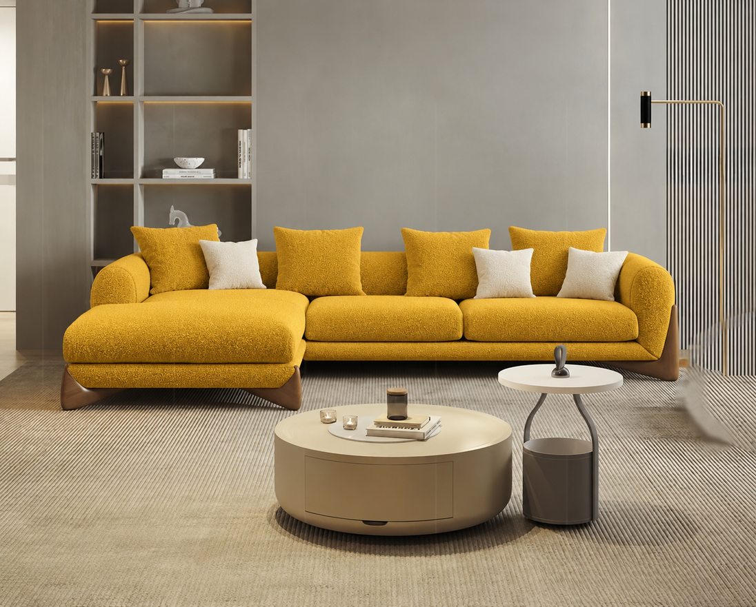 Antique Wood Hub Mustard Boucle 4 Seater Sectional Sofa (RHS)