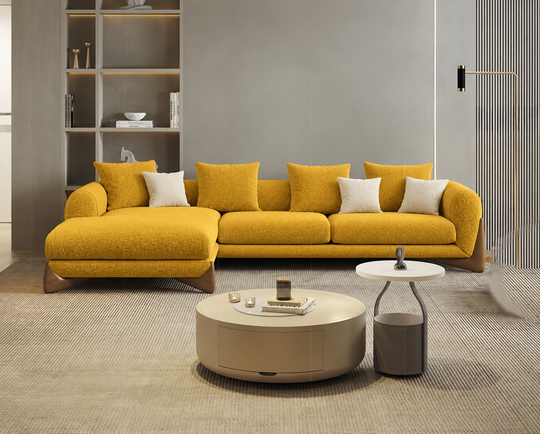 Antique Wood Hub Mustard Boucle 4 Seater Sectional Sofa (RHS)