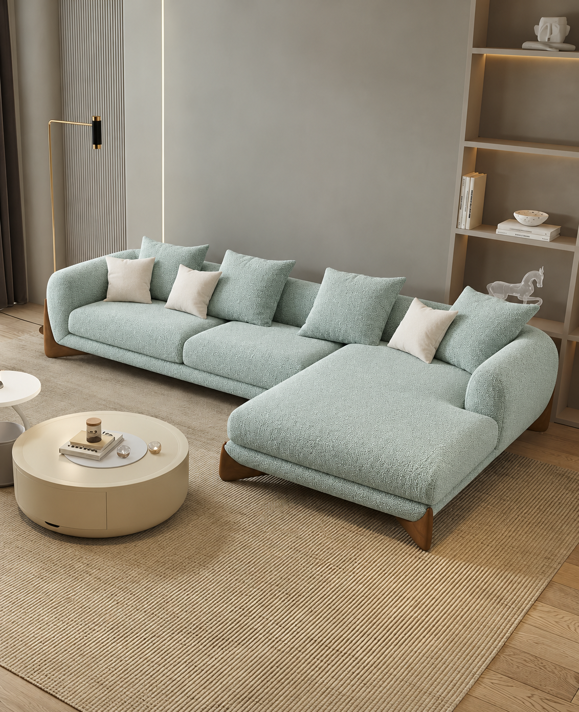 Antique Wood Hub Sea Green Boucle 4 Seater Sectional Sofa (LHS)