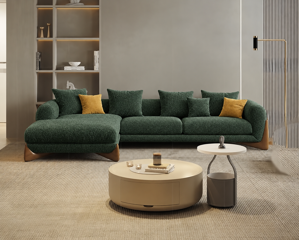 Antique Wood Hub Dark Green Boucle 4 Seater Sectional Sofa (RHS)