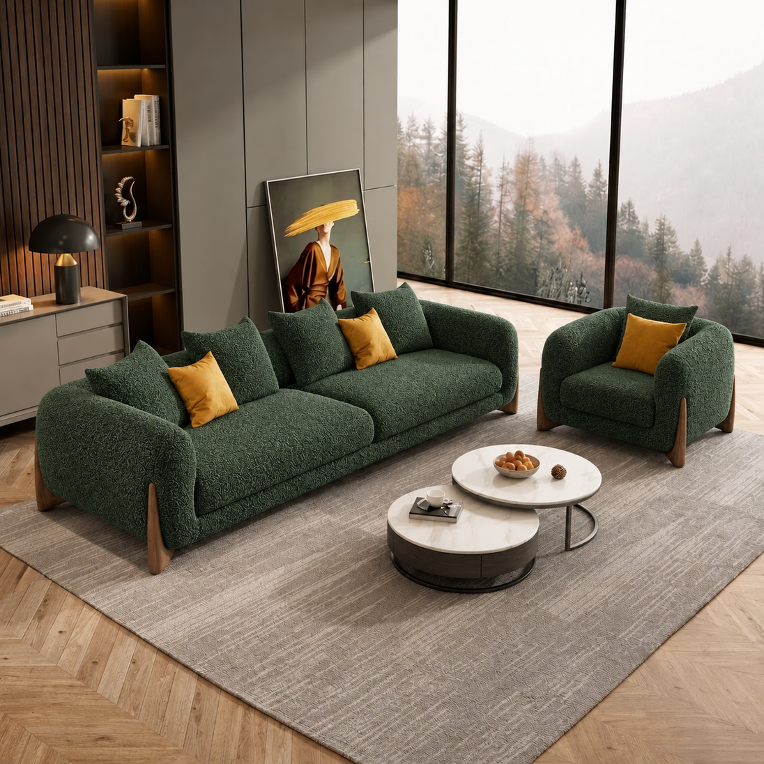 Antique Wood Hub Dark Green Boucle 3+1 = 4 Seater Sofa
