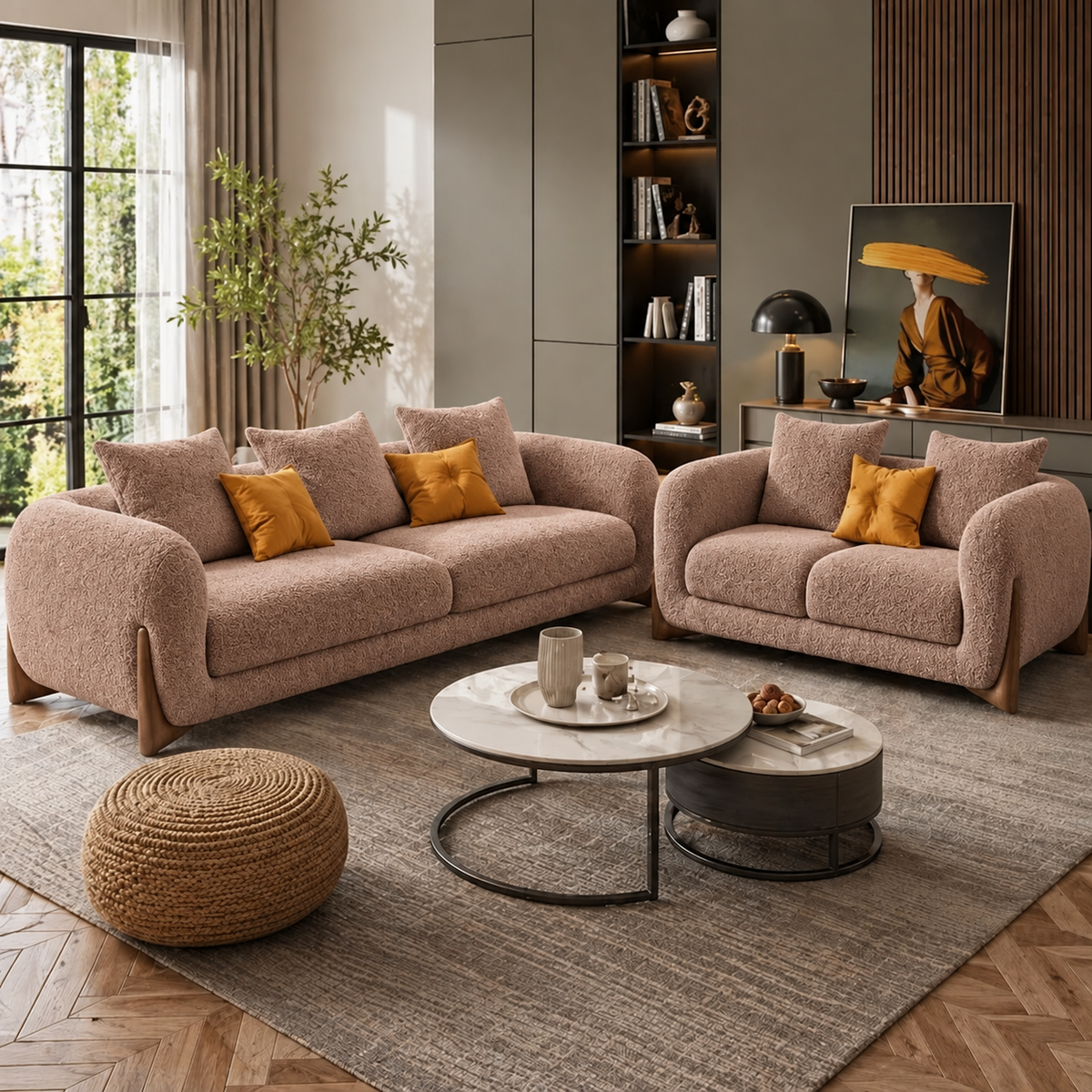 Antique Wood Hub Light Brown Boucle 3+2 = 5 Seater Sofa