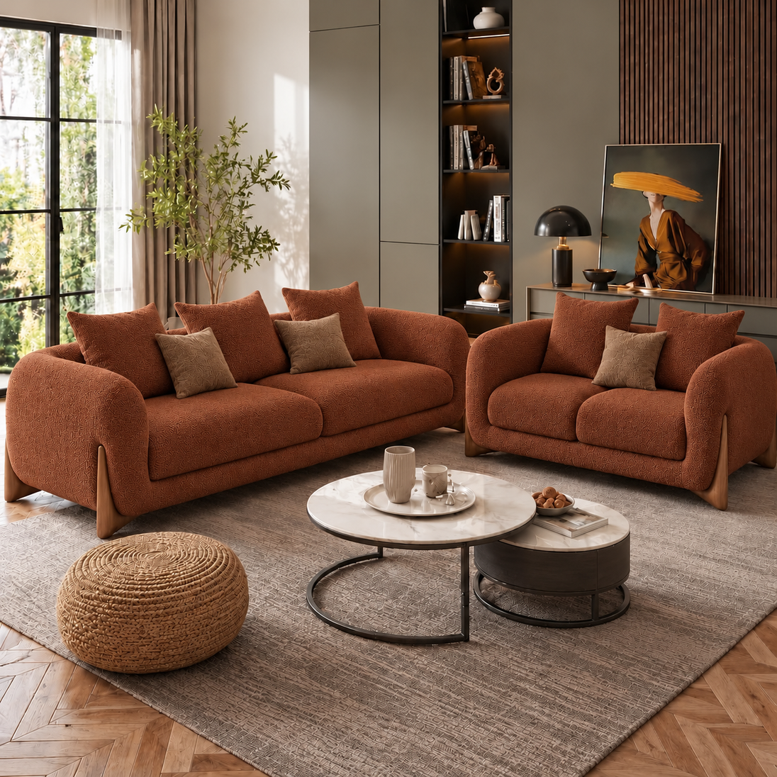 Antique Wood Hub Rust Brown Boucle 3+2 = 5 Seater Sofa