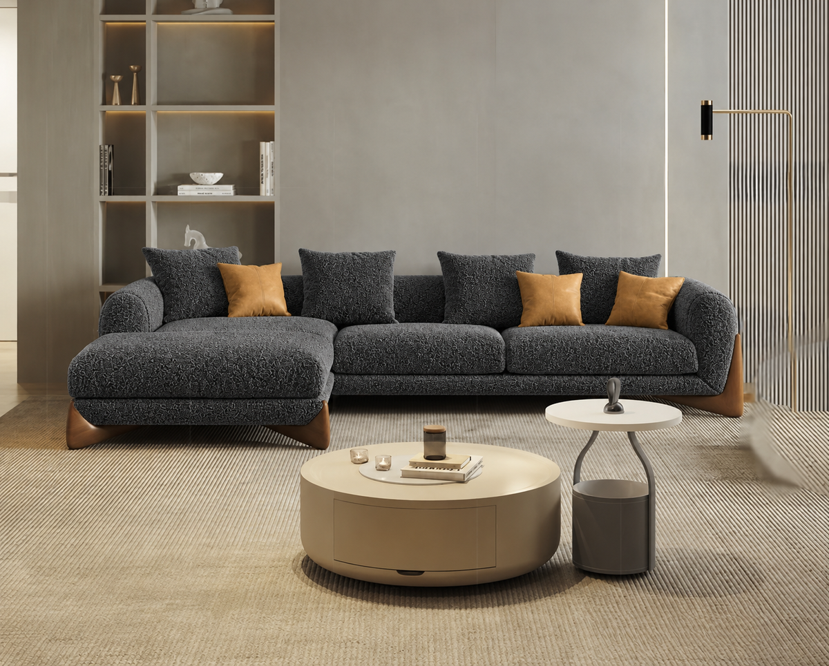 Antique Wood Hub Dark Grey Boucle 4 Seater Sectional Sofa (RHS)